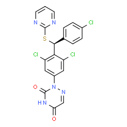 ChemSpider 2D Image | 2-{3,5-Dichloro-4-[(S)-(4-chlorophenyl)(2-pyrimidinylsulfanyl)methyl]phenyl}-1,2,4-triazine-3,5(2H,4H)-dione | C20H12Cl3N5O2S