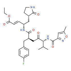 ChemSpider 2D Image | Ethyl (2E,4S)-4-{[(2R,5R)-2-(4-fluorobenzyl)-6-methyl-5-{[(5-methyl-1,2-oxazol-3-yl)carbonyl]amino}-4-oxoheptanoyl]amino}-5-[(3S)-2-oxo-3-pyrrolidinyl]-2-pentenoate | C31H39FN4O7
