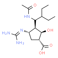 ChemSpider 2D Image | (1R,2R,3R,4S)-3-[(1S)-1-Acetamido-2-ethylbutyl]-4-[(diaminomethylene)amino]-2-hydroxycyclopentanecarboxylic acid | C15H28N4O4