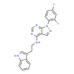 ChemSpider 2D Image | 1-(2,4-Difluorophenyl)-N-[2-(1H-indol-3-yl)ethyl]-1H-pyrazolo[3,4-d]pyrimidin-4-amine | C21H16F2N6