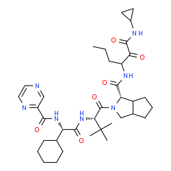 ChemSpider 2D Image | (1S)-2-[(2S)-2-({(2S)-2-cyclohexyl-2-[(pyrazin-2-ylcarbonyl)amino]acetyl}amino)-3,3-dimethylbutanoyl]-N-[1-(cyclopropylamino)-1,2-dioxohexan-3-yl]octahydrocyclopenta[c]pyrrole-1-carboxamide (non-preferred name) | C36H53N7O6