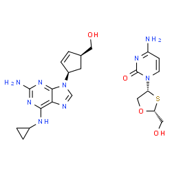 ChemSpider 2D Image | 4-Amino-1-[(2R,4R)-2-(hydroxymethyl)-1,3-oxathiolan-4-yl]-2(1H)-pyrimidinone - {(1S,4R)-4-[2-amino-6-(cyclopropylamino)-9H-purin-9-yl]-2-cyclopenten-1-yl}methanol (1:1) | C22H29N9O4S