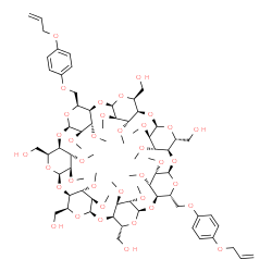 ChemSpider 2D Image | [(1R,3R,5R,6R,8R,10S,11R,13R,15S,16R,18R,20S,21R,23R,25S,26R,28R,30R,31R,33R,35R,36S,37S,38S,39R,40S,41R,42S,43R,44S,45R,46S,47R,48R,49S)-20,35-Bis{[4-(allyloxy)phenoxy]methyl}-36,37,38,39,40,41,42,43
,44,45,46,47,48,49-tetradecamethoxy-2,4,7,9,12,14,17,19,22,24,27,29,32,34-tetradecaoxaoctacyclo[31.2.2.2~3,6~.2~8,11~.2~13,16~.2~18,21~.2~23,26~.2~28,31~]nonatetracontane-5,10,15,25,30-pentayl]pentame
thanol | C74H114O37