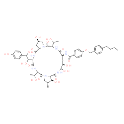 ChemSpider 2D Image | 4-[(4-Butylbenzyl)oxy]-N-{(2R,6S,9S,11R,12S,14aS,15S,16S,20S,23S,25aS)-23-[(1S,2S)-1,2-dihydroxy-2-(4-hydroxyphenyl)ethyl]-2,11,12,15-tetrahydroxy-6,20-bis[(1R)-1-hydroxyethyl]-16-methyl-5,8,14,19,22,
25-hexaoxotetracosahydro-1H-dipyrrolo[2,1-c:2',1'-l][1,4,7,10,13,16]hexaazacyclohenicosin-9-yl}benzamide | C52H69N7O17