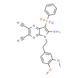ChemSpider 2D Image | 6-Amino-5-[2-(3,4-dimethoxyphenyl)ethyl]-7-(phenylsulfonyl)-5H-pyrrolo[2,3-b]pyrazine-2,3-dicarbonitrile | C24H20N6O4S