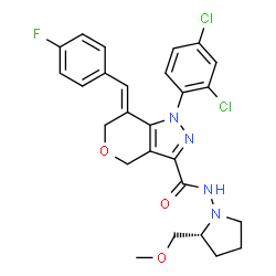 ChemSpider 2D Image | (7Z)-1-(2,4-Dichlorophenyl)-7-(4-fluorobenzylidene)-N-[(2R)-2-(methoxymethyl)-1-pyrrolidinyl]-1,4,6,7-tetrahydropyrano[4,3-c]pyrazole-3-carboxamide | C26H25Cl2FN4O3