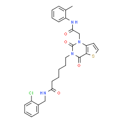 ChemSpider 2D Image | N-(2-Chlorobenzyl)-6-[1-{2-[(2-methylphenyl)amino]-2-oxoethyl}-2,4-dioxo-1,4-dihydrothieno[3,2-d]pyrimidin-3(2H)-yl]hexanamide | C28H29ClN4O4S