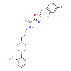 ChemSpider 2D Image | 5-(2-Chloro-4-fluorobenzyl)-N-{3-[4-(2-methoxyphenyl)-1-piperazinyl]propyl}-1,3,4-oxadiazole-2-carboxamide | C24H27ClFN5O3