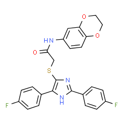 ChemSpider 2D Image | 2-{[2,4-Bis(4-fluorophenyl)-1H-imidazol-5-yl]sulfanyl}-N-(2,3-dihydro-1,4-benzodioxin-6-yl)acetamide | C25H19F2N3O3S