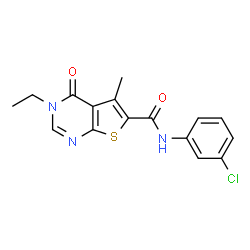 ChemSpider 2D Image | N-(3-Chlorophenyl)-3-ethyl-5-methyl-4-oxo-3,4-dihydrothieno[2,3-d]pyrimidine-6-carboxamide | C16H14ClN3O2S