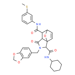 ChemSpider 2D Image | 3-(1,3-Benzodioxol-5-ylmethyl)-N~2~-cyclohexyl-N~6~-[3-(methylsulfanyl)phenyl]-4-oxo-10-oxa-3-azatricyclo[5.2.1.0~1,5~]dec-8-ene-2,6-dicarboxamide | C31H33N3O6S