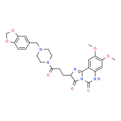 ChemSpider 2D Image | 2-{3-[4-(1,3-Benzodioxol-5-ylmethyl)-1-piperazinyl]-3-oxopropyl}-8,9-dimethoxy-5-thioxo-5,6-dihydroimidazo[1,2-c]quinazolin-3(2H)-one | C27H29N5O6S