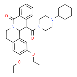 ChemSpider 2D Image | 13-[(4-Cyclohexyl-1-piperazinyl)carbonyl]-2,3-diethoxy-5,6,13,13a-tetrahydro-8H-isoquinolino[3,2-a]isoquinolin-8-one | C32H41N3O4