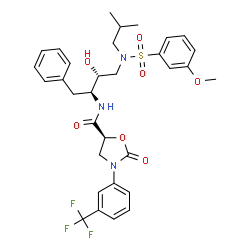 ChemSpider 2D Image | (5S)-N-[(2S,3R)-3-Hydroxy-4-{isobutyl[(3-methoxyphenyl)sulfonyl]amino}-1-phenyl-2-butanyl]-2-oxo-3-[3-(trifluoromethyl)phenyl]-1,3-oxazolidine-5-carboxamide | C32H36F3N3O7S