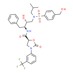 ChemSpider 2D Image | (5S)-N-{(2S,3R)-3-Hydroxy-4-[{[4-(hydroxymethyl)phenyl]sulfonyl}(isobutyl)amino]-1-phenyl-2-butanyl}-2-oxo-3-[3-(trifluoromethyl)phenyl]-1,3-oxazolidine-5-carboxamide | C32H36F3N3O7S