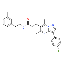ChemSpider 2D Image | 3-[3-(4-Fluorophenyl)-2,5,7-trimethylpyrazolo[1,5-a]pyrimidin-6-yl]-N-[2-(3-methylphenyl)ethyl]propanamide | C27H29FN4O