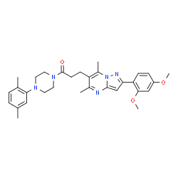 ChemSpider 2D Image | 3-[2-(2,4-Dimethoxyphenyl)-5,7-dimethylpyrazolo[1,5-a]pyrimidin-6-yl]-1-[4-(2,5-dimethylphenyl)-1-piperazinyl]-1-propanone | C31H37N5O3