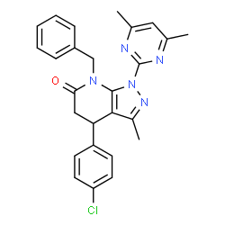 ChemSpider 2D Image | 7-Benzyl-4-(4-chlorophenyl)-1-(4,6-dimethyl-2-pyrimidinyl)-3-methyl-1,4,5,7-tetrahydro-6H-pyrazolo[3,4-b]pyridin-6-one | C26H24ClN5O