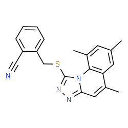 ChemSpider 2D Image | 2-{[(5,7,9-Trimethyl[1,2,4]triazolo[4,3-a]quinolin-1-yl)sulfanyl]methyl}benzonitrile | C21H18N4S