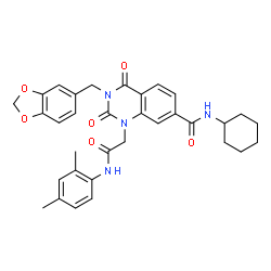 ChemSpider 2D Image | 3-(1,3-Benzodioxol-5-ylmethyl)-N-cyclohexyl-1-{2-[(2,4-dimethylphenyl)amino]-2-oxoethyl}-2,4-dioxo-1,2,3,4-tetrahydro-7-quinazolinecarboxamide | C33H34N4O6