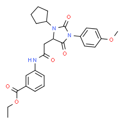 ChemSpider 2D Image | Ethyl 3-({[3-cyclopentyl-1-(4-methoxyphenyl)-2,5-dioxo-4-imidazolidinyl]acetyl}amino)benzoate | C26H29N3O6