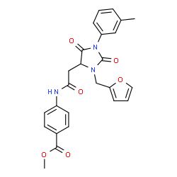 ChemSpider 2D Image | Methyl 4-({[3-(2-furylmethyl)-1-(3-methylphenyl)-2,5-dioxo-4-imidazolidinyl]acetyl}amino)benzoate | C25H23N3O6