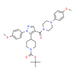 ChemSpider 2D Image | 2-Methyl-2-propanyl 4-[1-(4-methoxyphenyl)-4-{[4-(4-methoxyphenyl)-1-piperazinyl]carbonyl}-1H-pyrazol-5-yl]-1-piperidinecarboxylate | C32H41N5O5