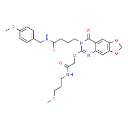 ChemSpider 2D Image | N-(4-Methoxybenzyl)-4-[6-({2-[(3-methoxypropyl)amino]-2-oxoethyl}sulfanyl)-8-oxo[1,3]dioxolo[4,5-g]quinazolin-7(8H)-yl]butanamide | C27H32N4O7S