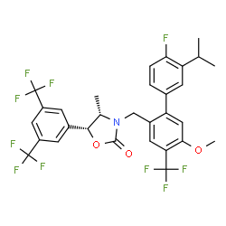 ChemSpider 2D Image | (4S,5R)-5-[3,5-Bis(trifluoromethyl)phenyl]-3-{[4'-fluoro-3'-isopropyl-5-methoxy-4-(trifluoromethyl)-2-biphenylyl]methyl}-4-methyl-1,3-oxazolidin-2-one | C30H25F10NO3
