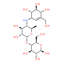 ChemSpider 2D Image | 4-O-(4,6-Dideoxy-4-{[(1S,4R,5S,6S)-4,5,6-trihydroxy-3-(hydroxymethyl)-2-cyclohexen-1-yl]amino}-alpha-D-glucopyranosyl)-beta-D-glucopyranose | C19H33NO13