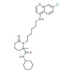 ChemSpider 2D Image | 1-{6-[(7-Chloro-4-quinolinyl)amino]hexyl}-N-cyclohexyl-2-methyl-6-oxo-2-piperidinecarboxamide | C28H39ClN4O2