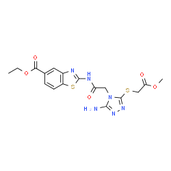 ChemSpider 2D Image | Ethyl 2-[({3-amino-5-[(2-methoxy-2-oxoethyl)sulfanyl]-4H-1,2,4-triazol-4-yl}acetyl)amino]-1,3-benzothiazole-5-carboxylate | C17H18N6O5S2