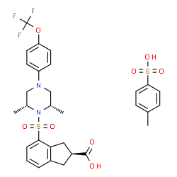 ChemSpider 2D Image | (2S)-4-({(2R,6S)-2,6-Dimethyl-4-[4-(trifluoromethoxy)phenyl]-1-piperazinyl}sulfonyl)-2-indanecarboxylic acid 4-methylbenzenesulfonate (1:1) | C30H33F3N2O8S2