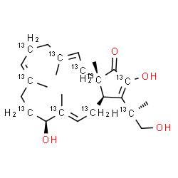 ChemSpider 2D Image | (3aR,5E,7S,10E,14E,16aS)-2,7-Dihydroxy-3-[(2R)-1-hydroxy(2-~13~C)-2-propanyl]-6,10,14,16a-tetramethyl(2,4,6,8,10,12,14,16,16a-~13~C_9_)-4,7,8,9,12,13,16,16a-octahydrocyclopenta[15]annulen-1(3aH)-one | C1513C10H38O4
