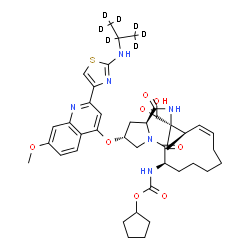 ChemSpider 2D Image | (2R,6R,12Z,13aR,14aR,16aS)-6-{[(Cyclopentyloxy)carbonyl]amino}-2-[(7-methoxy-2-{2-[(~2~H_7_)-2-propanylamino]-1,3-thiazol-4-yl}-4-quinolinyl)oxy]-5,16-dioxo-1,2,3,6,7,8,9,10,11,13a,14,15,16,16a-tetrad
ecahydrocyclopropa[e]pyrrolo[1,2-a][1,4]diazacyclopentadecine-14a(5H)-carboxylic acid | C40H43D7N6O8S