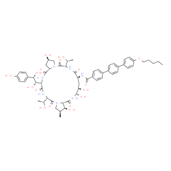 ChemSpider 2D Image | N-{(2R,6S,9S,11R,12S,14aS,15S,16S,20S,23S,25aS)-23-[(1S,2S)-1,2-Dihydroxy-2-(4-hydroxyphenyl)ethyl]-2,11,12,15-tetrahydroxy-6,20-bis[(1R)-1-hydroxyethyl]-16-methyl-5,8,14,19,22,25-hexaoxotetracosahydr
o-1H-dipyrrolo[2,1-c:2',1'-l][1,4,7,10,13,16]hexaazacyclohenicosin-9-yl}-4''-(pentyloxy)-1,1':4',1''-terphenyl-4-carboxamide | C58H73N7O17