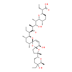 ChemSpider 2D Image | (2S)-2-{(2R,5S,6R)-6-[(2S,3S,4S,6R)-6-{(2S,5S,7R,9S,10S,12R,15R)-2-[(2R,5R,6S)-5-Ethyl-5-hydroxy-6-methyltetrahydro-2H-pyran-2-yl]-15-hydroxy-2,10,12-trimethyl-1,6,8-trioxadispiro[4.1.5.3]pentadec-13-
en-9-yl}-3-hydroxy-4-methyl-5-oxo-2-octanyl]-5-methyltetrahydro-2H-pyran-2-yl}butanoic acid | C42H70O11