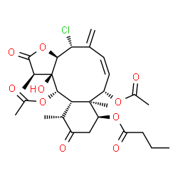 ChemSpider 2D Image | (1R,3aR,4R,6Z,8S,8aR,9S,12R,12aS,13S,13aR)-8,13-Diacetoxy-4-chloro-13a-hydroxy-1,8a,12-trimethyl-5-methylene-2,11-dioxo-1,2,3a,4,5,8,8a,9,10,11,12,12a,13,13a-tetradecahydrobenzo[4,5]cyclodeca[1,2-b]fu
ran-9-yl butyrate | C28H37ClO10