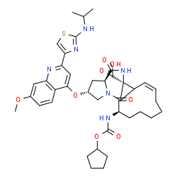 ChemSpider 2D Image | (2R,6R,12Z,14aR,16aS)-6-{[(Cyclopentyloxy)carbonyl]amino}-2-({2-[2-(isopropylamino)-1,3-thiazol-4-yl]-7-methoxy-4-quinolinyl}oxy)-5,16-dioxo-1,2,3,6,7,8,9,10,11,13a,14,15,16,16a-tetradecahydrocyclopro
pa[e]pyrrolo[1,2-a][1,4]diazacyclopentadecine-14a(5H)-carboxylic acid | C40H50N6O8S