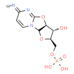 ChemSpider 2D Image | [(2R,3R,3aS,6E)-3-Hydroxy-6-imino-2,3,3a,9a-tetrahydro-6H-furo[2',3':4,5][1,3]oxazolo[3,2-a]pyrimidin-2-yl]methyl dihydrogen phosphate | C9H12N3O7P