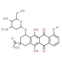 ChemSpider 2D Image | 3-Acetyl-3,5,12-trihydroxy-10-methoxy-6,11-dioxo-1,2,3,4,6,11-hexahydro-1-tetracenyl 3-amino-2,3-dideoxyhexopyranoside | C27H29NO11