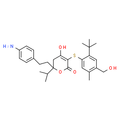 ChemSpider 2D Image | 6-[2-(4-Aminophenyl)ethyl]-4-hydroxy-3-{[4-(hydroxymethyl)-5-methyl-2-(2-methyl-2-propanyl)phenyl]sulfanyl}-6-isopropyl-5,6-dihydro-2H-pyran-2-one | C28H37NO4S
