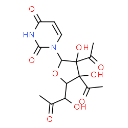 ChemSpider 2D Image | 1-[3,4-Diacetyl-3,4-dihydroxy-5-(1-hydroxy-2-oxopropyl)tetrahydro-2-furanyl]-2,4(1H,3H)-pyrimidinedione | C15H18N2O9