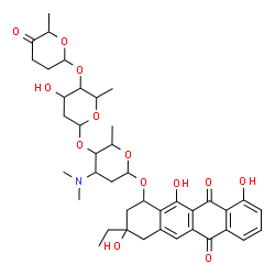 ChemSpider 2D Image | 3-Ethyl-3,10,12-trihydroxy-6,11-dioxo-1,2,3,4,6,11-hexahydro-1-tetracenyl 2,3,6-trideoxy-4-O-[2,6-dideoxy-4-O-(6-methyl-5-oxotetrahydro-2H-pyran-2-yl)hexopyranosyl]-3-(dimethylamino)hexopyranoside | C40H51NO13