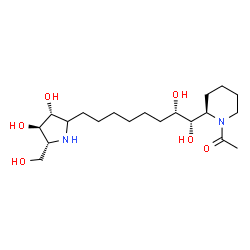 ChemSpider 2D Image | 1-[(2R)-2-{(1S,2S)-8-[(3R,4R,5R)-3,4-Dihydroxy-5-(hydroxymethyl)-2-pyrrolidinyl]-1,2-dihydroxyoctyl}-1-piperidinyl]ethanone | C20H38N2O6