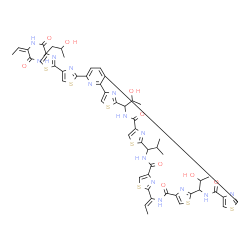 ChemSpider 2D Image | 2'-[(21Z)-21-Ethylidene-14,35-bis(1-hydroxyethyl)-28-isopropyl-12,19,26,33-tetraoxo-9,16,23,30,37-pentathia-3,13,20,27,34,39,40,41,42,43-decaazaheptacyclo[34.2.1.1~8,11~.1~15,18~.1~22,25~.1~29,32~.0~2
,7~]tritetraconta-1(38),2,4,6,8(43),10,15(42),17,22(41),24,29(40),31,36(39)-tridecaen-4-yl]-N-{(2E)-1-[(2-hydroxypropyl)amino]-1-oxo-2-buten-2-yl}-2,4'-bi-1,3-thiazole-4-carboxamide | C51H50N14O9S7