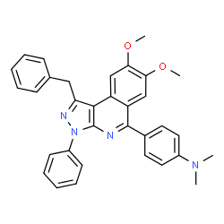 ChemSpider 2D Image | 4-(1-Benzyl-7,8-dimethoxy-3-phenyl-3H-pyrazolo[3,4-c]isoquinolin-5-yl)-N,N-dimethylaniline | C33H30N4O2
