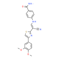ChemSpider 2D Image | 4-({(E)-2-Cyano-2-[4-(3,4-dimethoxyphenyl)-1,3-thiazol-2-yl]vinyl}amino)benzamide | C21H18N4O3S