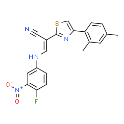 ChemSpider 2D Image | (2E)-2-[4-(2,4-Dimethylphenyl)-1,3-thiazol-2-yl]-3-[(4-fluoro-3-nitrophenyl)amino]acrylonitrile | C20H15FN4O2S