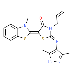 ChemSpider 2D Image | (2Z,5Z)-3-Allyl-2-[(3,5-dimethyl-1H-pyrazol-4-yl)imino]-5-(3-methyl-1,3-benzothiazol-2(3H)-ylidene)-1,3-thiazolidin-4-one | C19H19N5OS2